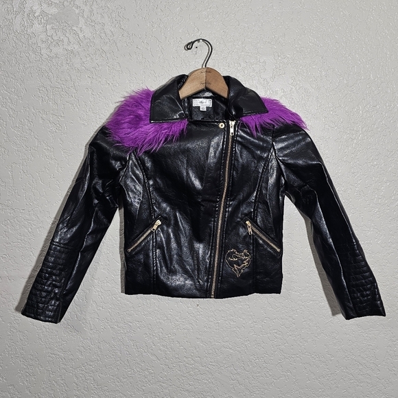 Disney Other - Disney Descendants Faux Fur Collar Vegan Leather Girl's Moto Jacket